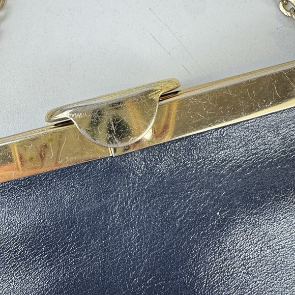 1960s minimalist glam navy leather clutch Etra gold frame evening bag - Picture 12 of 16